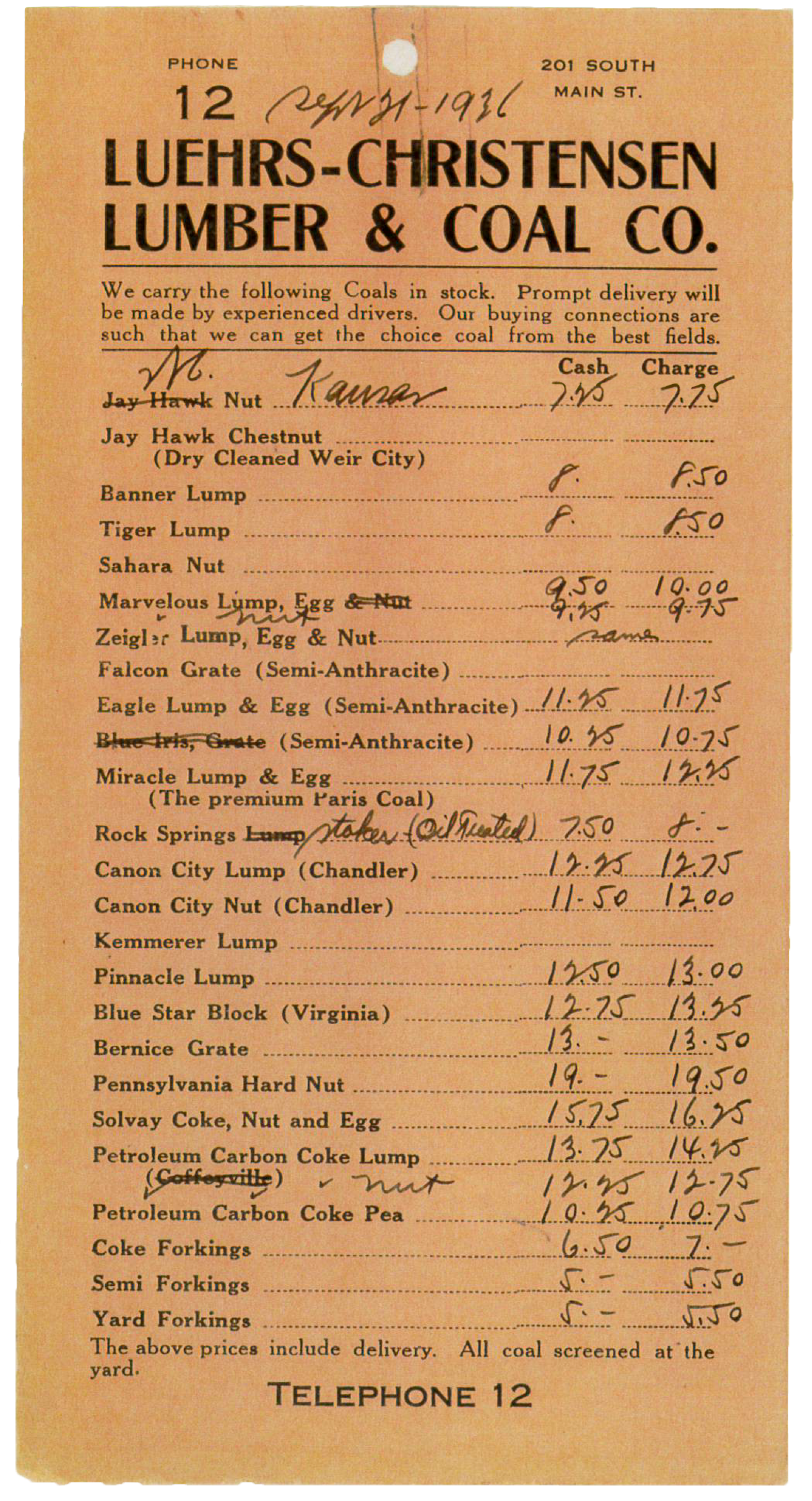 Luehrs-Christensen list of stocked coal with prices, 1936