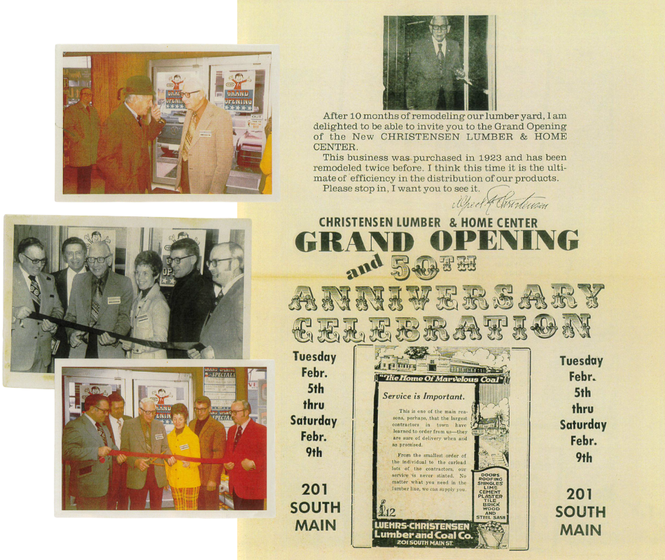 Photos from the Christensen Lumber & Home Center Grand Opening and 50th Anniversary Celebration, 1973, pictured: Eldon Johnson, Jack Paulson, Alfred Christensen, Cynthia Christensen, Dave Christensen, and John Hosher